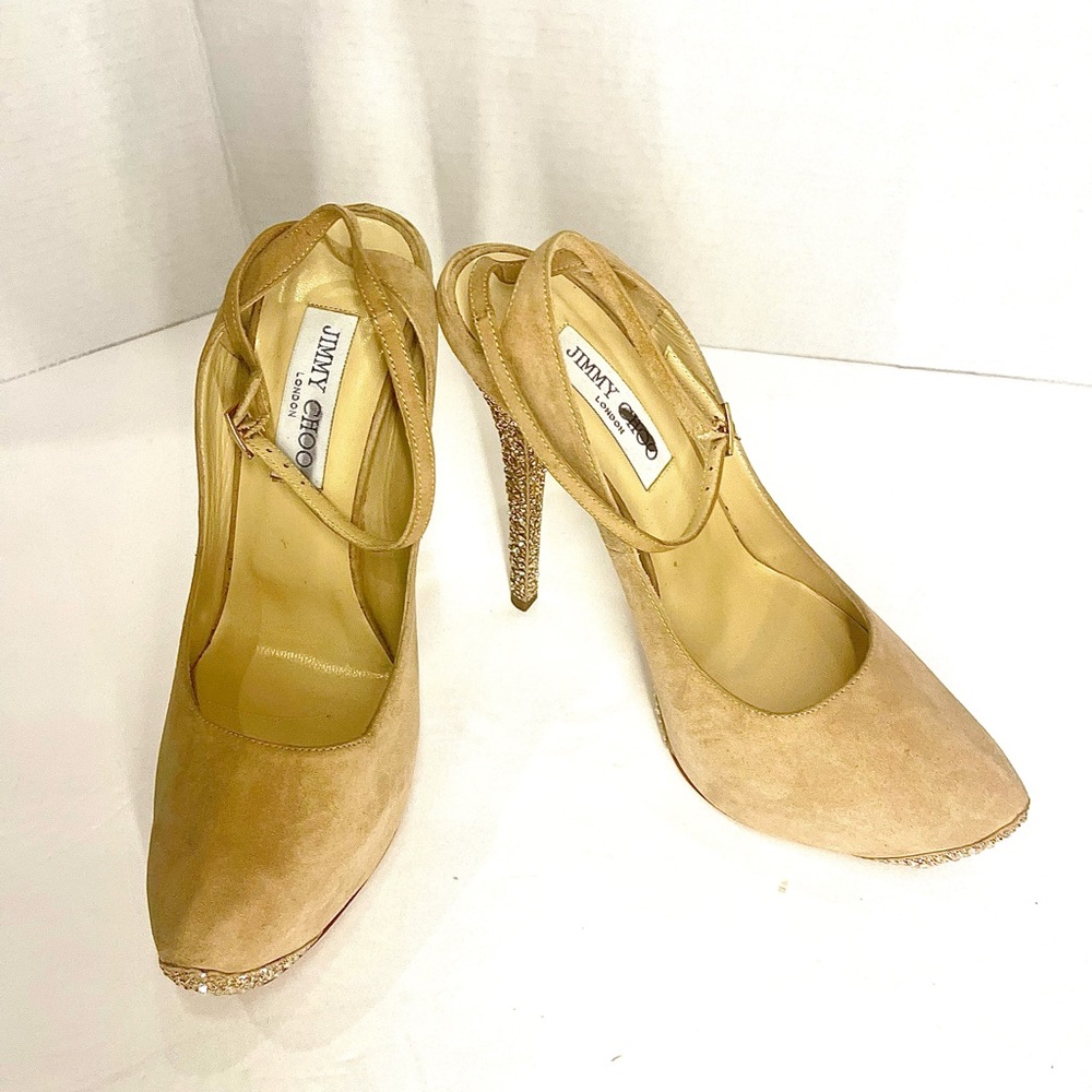 Jimmy Choo Nude Suede “Tame• Rhinestoned Platforms